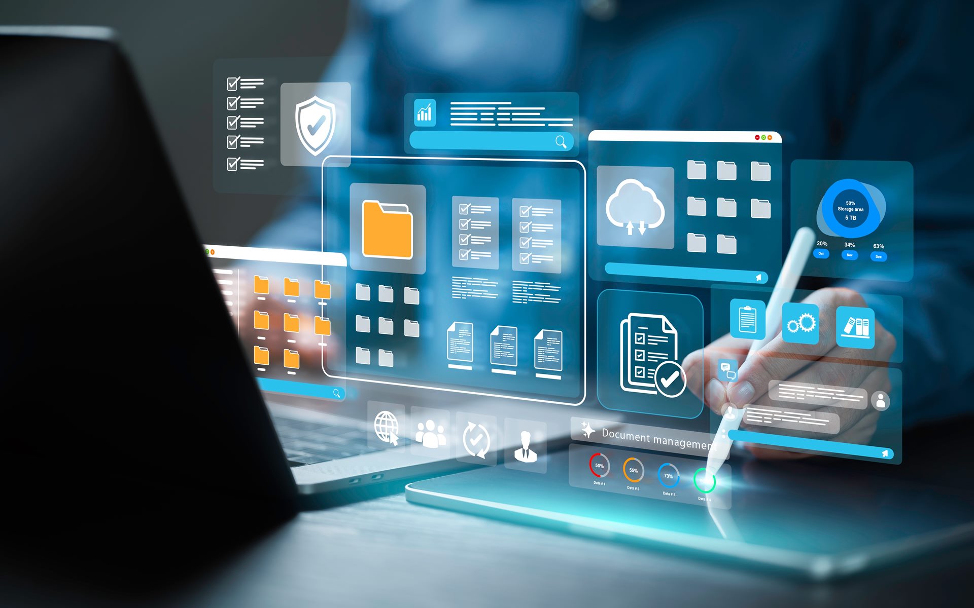 Document,Management,Digital,File,Information,Storage,Of,Business.,Businessman,Using